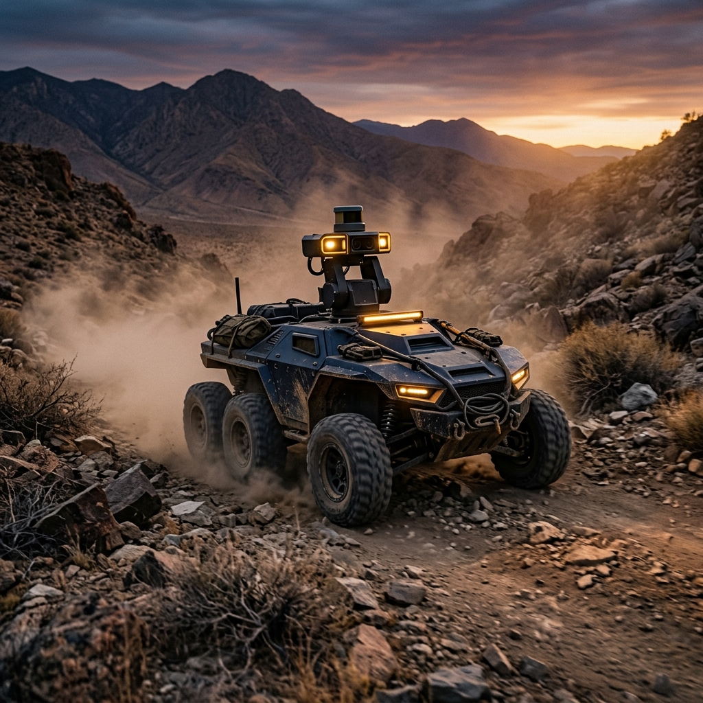Autonomous land drone navigating rugged terrain