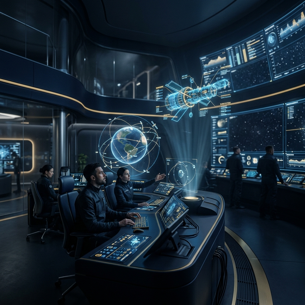 Elron Aerospace mission control center with holographic displays