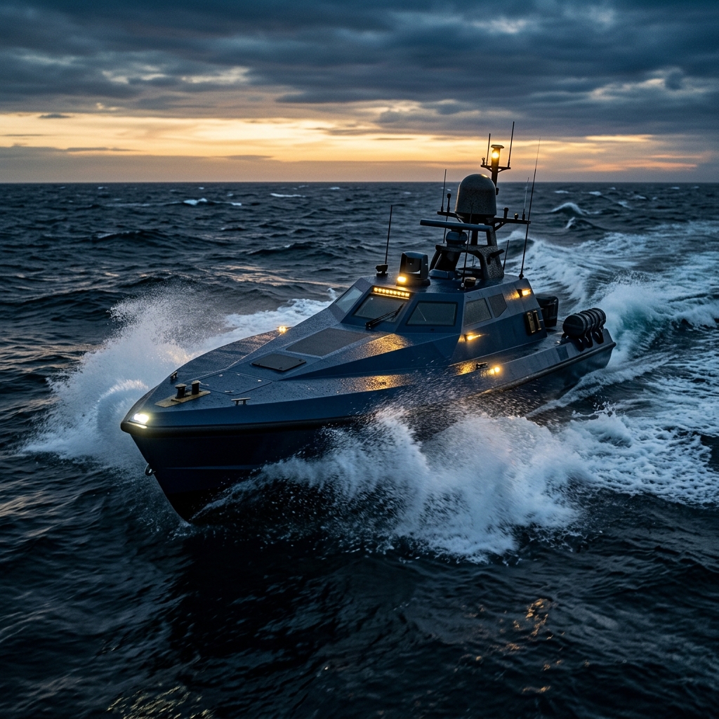 Unmanned surface vessel cutting through ocean waves